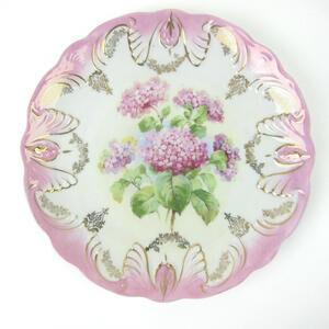 Antique Porcelain Plate Hydrangea Flowers Pink Rim Gold Accents 8" Ideal Germany